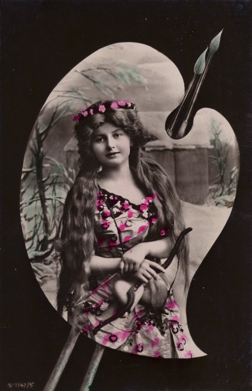 Egy fiatal nő íjjal és nyíllal, művészpalettán (színezett fotókollázs) alkotó: French Photographer