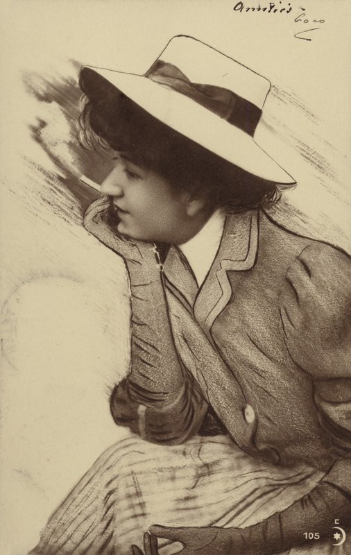 Egy fiatal nő kalapot viselő és dohányzó (fotókollázs) alkotó: French Photographer
