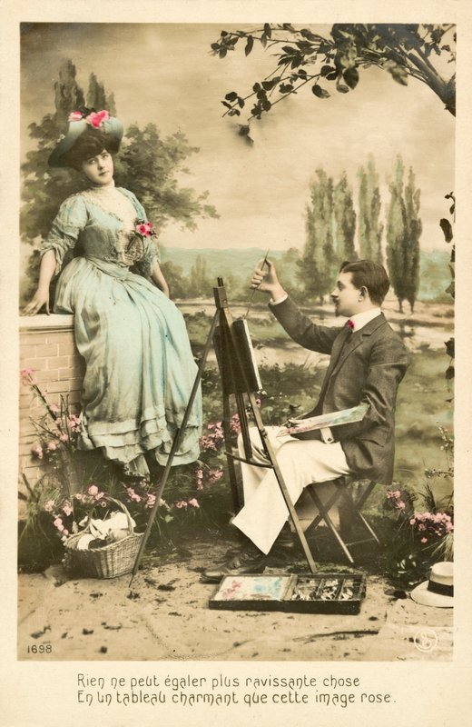 Művész festő csinos lány rózsákkal alkotó: French Photographer