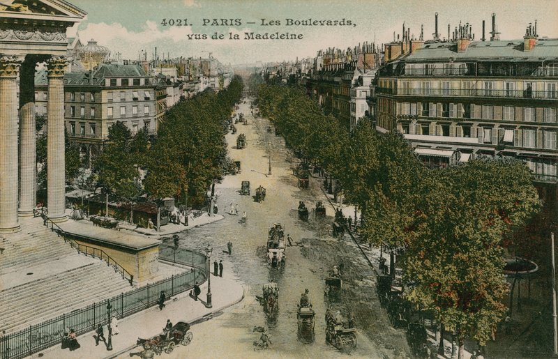 Párizs körútjai a Boulevard de la Madeleine felől nézve. 1913-ban feladott képeslap. alkotó: French Photographer