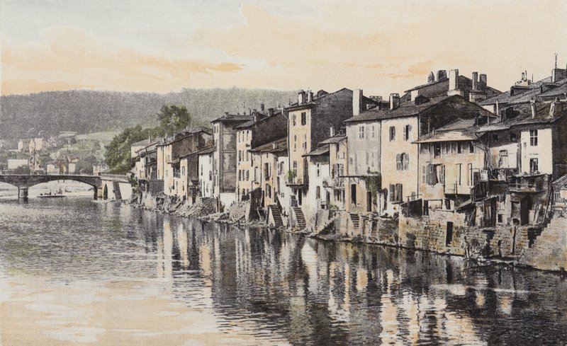 Epinal, régi házak a Quai Rualmenil-en, a Moselle partján alkotó: French Photographer