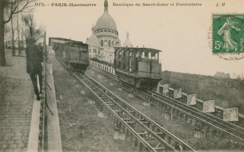 Siklóvasút fel a Montmartre-ra a párizsi Sacre-Coeur-hez. 1913-ban feladott képeslap. alkotó: French Photographer