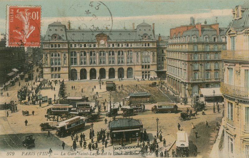 Gare St Lazare és Cour de Rome, Párizs. 1913-ban feladott képeslap. alkotó: French Photographer