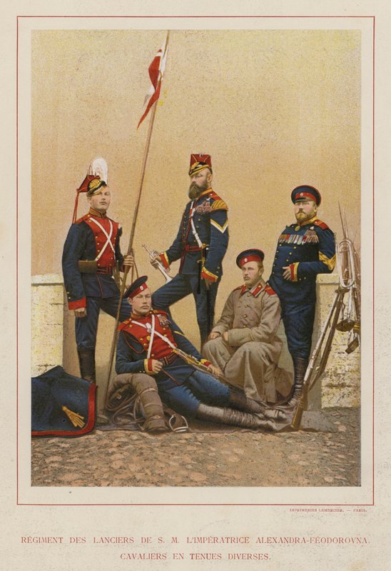 Az orosz hadsereg: S M lándzsás ezred Alexandra-Fedorovna császárné, lovasok különféle ruhákban (fotó) alkotó: French Photographer