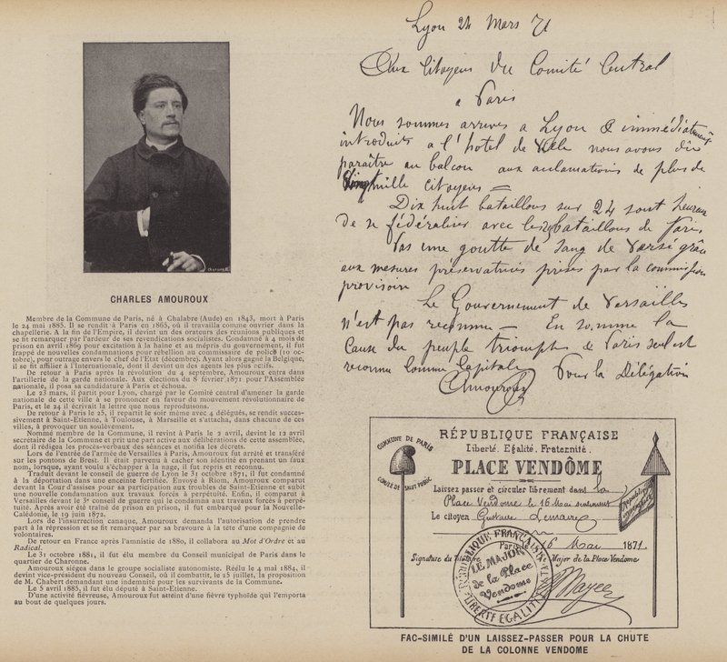 A párizsi kommün, Charles Amouroux, A Vendome-oszlop esésére szóló bérlet fakszimile (f/w fotó) alkotó: French Photographer