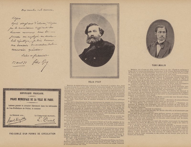A párizsi kommün, egy forgalmi engedély faksza, Felix Pyat, Tony-Moilin (f/w fotó) alkotó: French Photographer