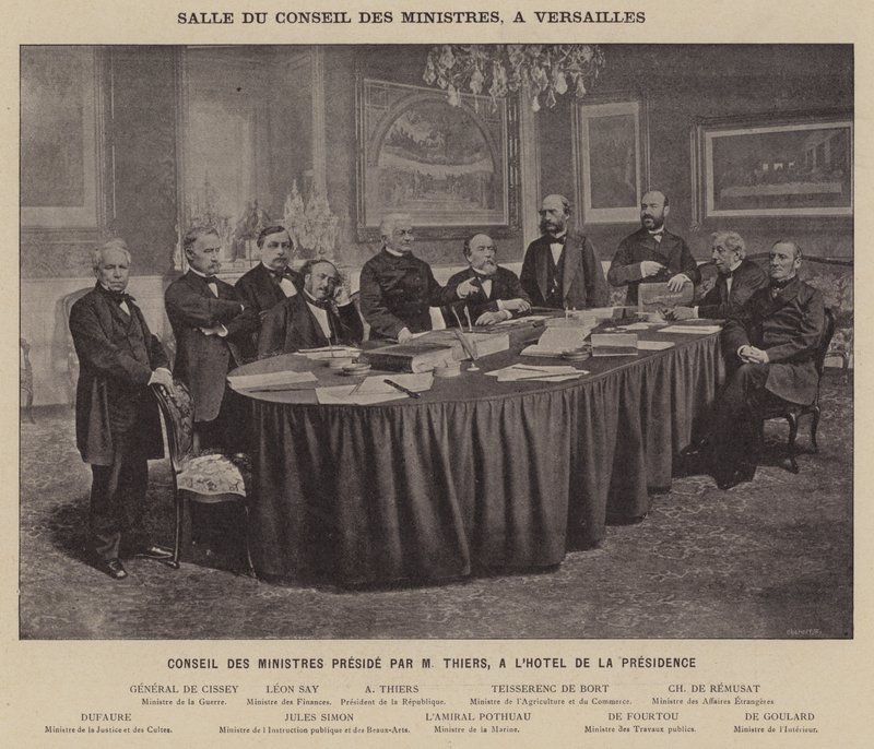 Párizs Kommün, Minisztertanács terme, Versailles, Miniszterek Tanácsa M Thiers elnökletével, a Hotel De La Presidence (f/w fotó) alkotó: French Photographer