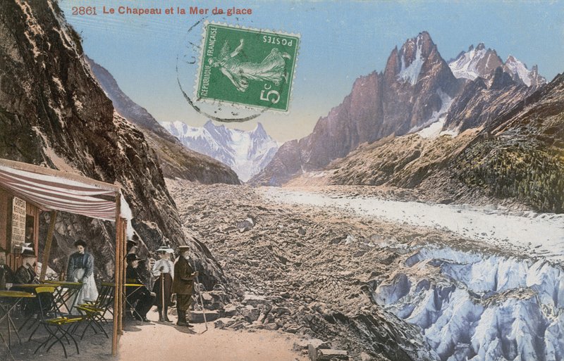 Le Chapeau és a Mer de Glace az Alpokban. 1913-ban feladott képeslap. alkotó: French Photographer