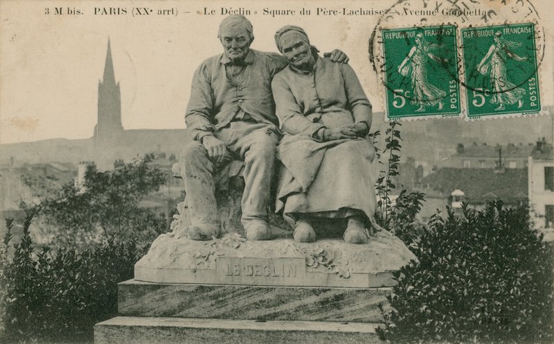 Le Declin (A hanyatlás), a párizsi Square du Pere Lachaise szobra, Clement Leopold Steiner. 1913-ban feladott képeslap. alkotó: French Photographer