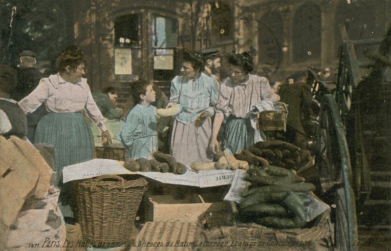 Piaci stand a Les Halles-ban Párizsban, Franciaországban. 1913-ban feladott képeslap. alkotó: French Photographer