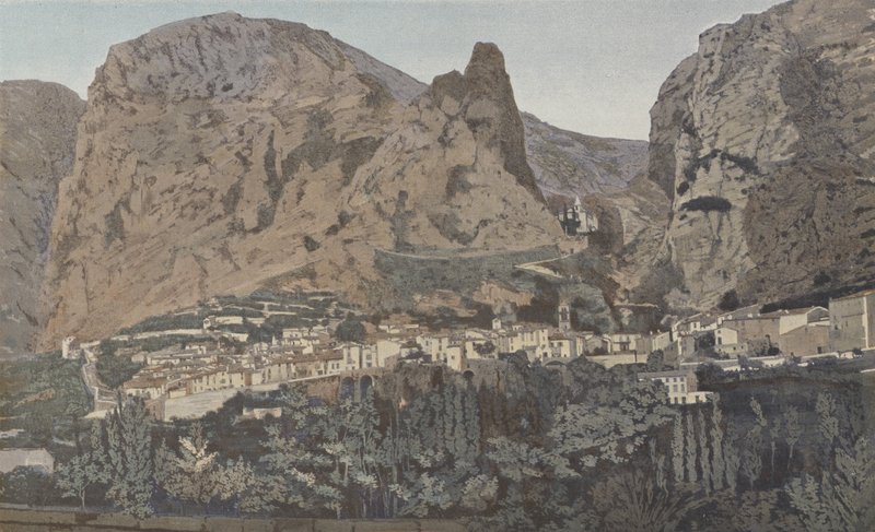 Moustiers-Sainte-Marie, általános kilátás és a Notre-Dame de Beauvoir kápolna alkotó: French Photographer