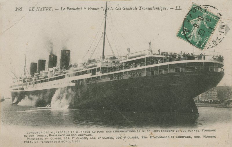 Óceánhajó Franciaország, Le Havre. 1913-ban feladott képeslap. alkotó: French Photographer