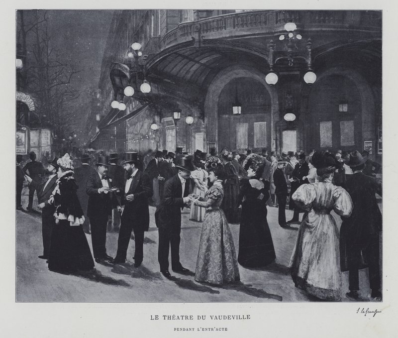 A párizsi Theatre du Vaudeville épületén kívül a szünetben (f/w fotó) alkotó: French Photographer