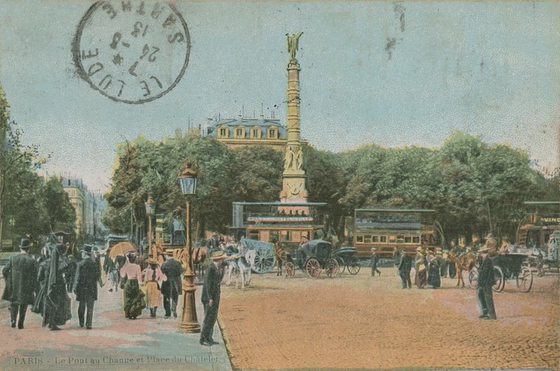 Párizs - Pont au Change és Place du Chatelet. 1913-ban feladott képeslap. alkotó: French Photographer