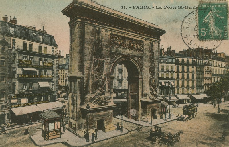 Porte Saint-Denis Párizsban, Franciaországban. 1913-ban feladott képeslap. alkotó: French Photographer