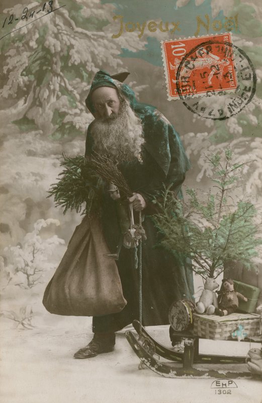Képeslap Mikulásról, 1913. december 24-én (kézzel színezett fénykép) alkotó: French Photographer