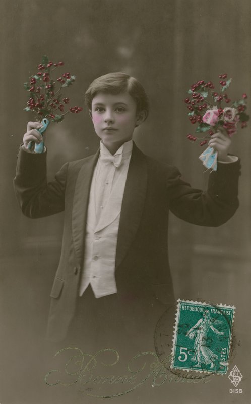 Egy fehér nyakkendős és farkos fiú képeslapja virágokkal és bogyókkal, 1913-ban küldve (kézzel színezett fotó) alkotó: French Photographer