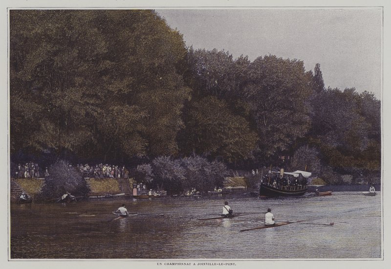 Evezős bajnokság a Marne folyón, Joinville-le-Pontban, Franciaországban (színes fotó) alkotó: French Photographer