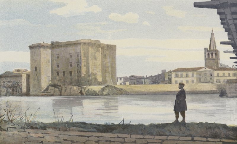 Tarascon, Chateau, a Sainte-Marthe templom harangtornya és a Rhone-on átívelő függőhíd alkotó: French Photographer