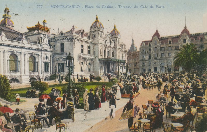 A Cafe de Paris terasza, Place du Casino, Monte Carlo. 1913-ban feladott képeslap. alkotó: French Photographer