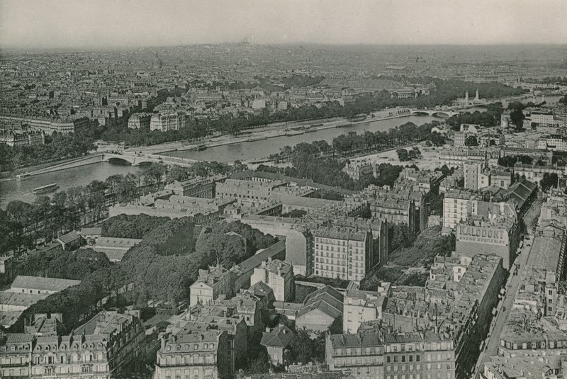 Kilátás a Champs-Elysees-re és a Sacre-Coeur-re az Eiffel-toronyból, a Champs-Elysees-re és a Sacre-Coeur-re az Eiffel-toronyból (fotógravírozás) alkotó: French Photographer