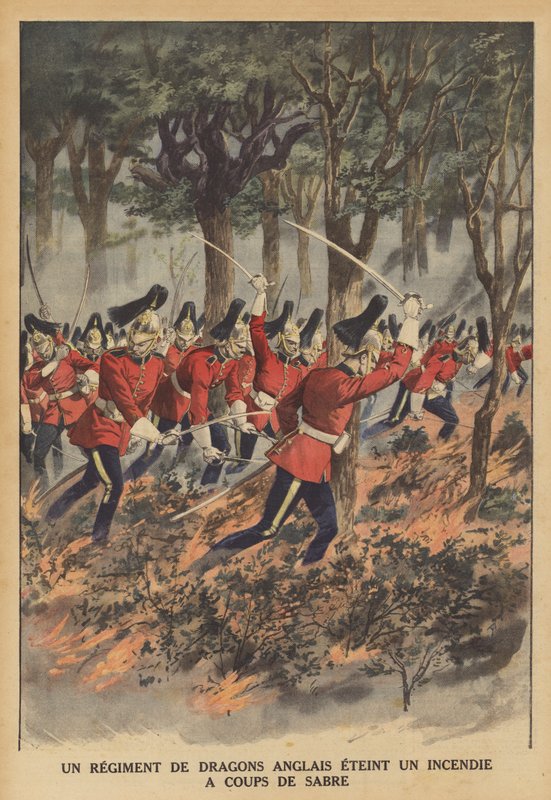 Egy brit dragonyosezred, amely a kardját használja a tüzet oltásához (színes litho) alkotó: French School