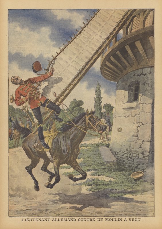 Egy német lovas hadnagy meghalt, miután egy szélmalom vitorlája leemelte lováról (színes litho) alkotó: French School