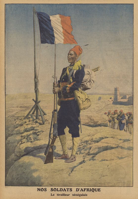 Egy szenegáli tirailleur Franciaországban Afrikában (színes litho) alkotó: French School