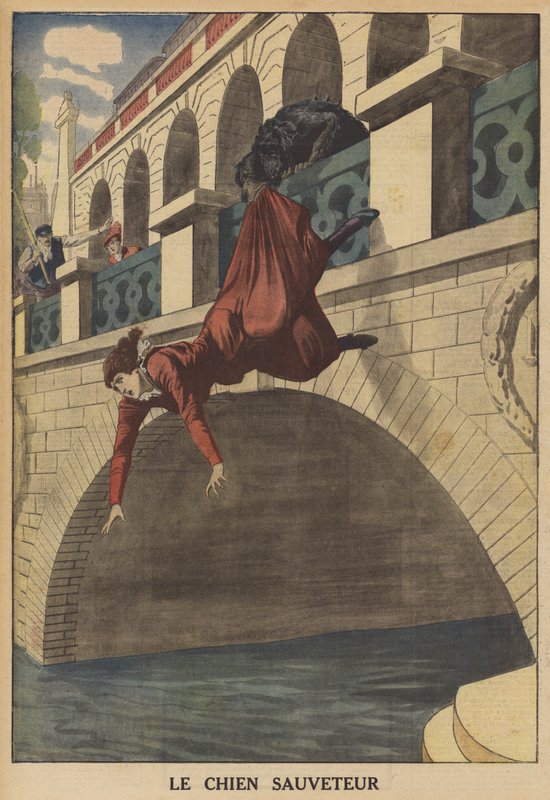 Egy kutya megment egy nőt a hídról való leeséstől (színes litho) alkotó: French School