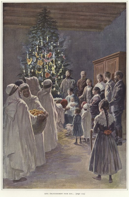 Családi csoport betlehemet néz a karácsonyfa mellett alkotó: French School