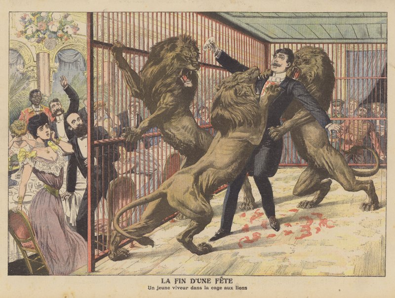 Egy bolond fiatalembert oroszlánok támadtak meg, miután belépett a ketrecükbe (színes litho) alkotó: French School