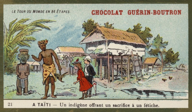 Egy bennszülött, aki áldozatot mutat be egy bálványnak, Tahiti (chromolitho) alkotó: French School