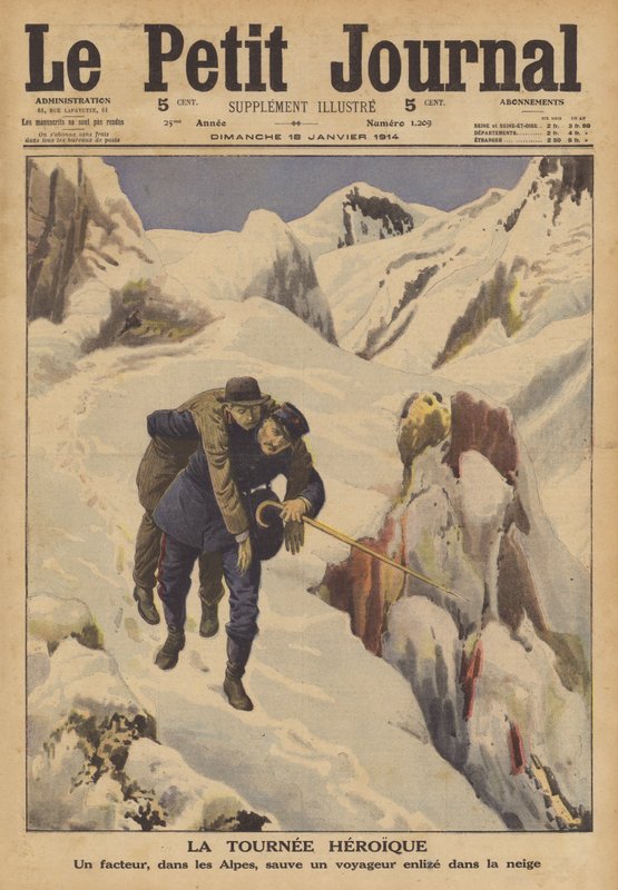 Egy postás megment egy, a hóban elveszett utazót az Alpokban (színes litho) alkotó: French School