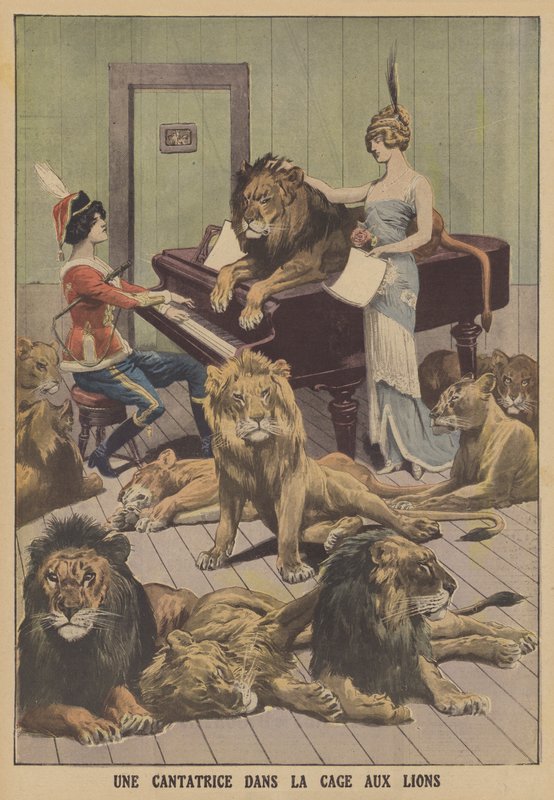 Énekesnő egy oroszlánbarlangban Németországban (színes litó) alkotó: French School