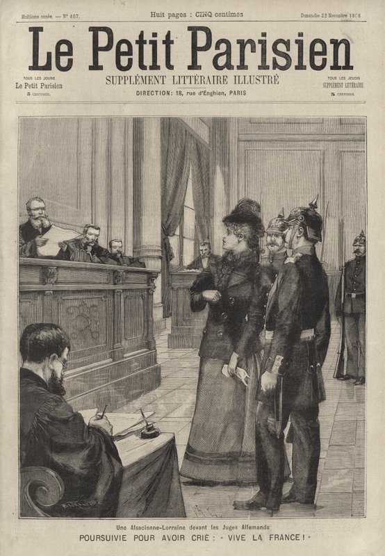 Egy elzászi-lotaringiai nő egy német bíró előtt a bíróságon, amiért "Vive la France!" (metszés) alkotó: French School