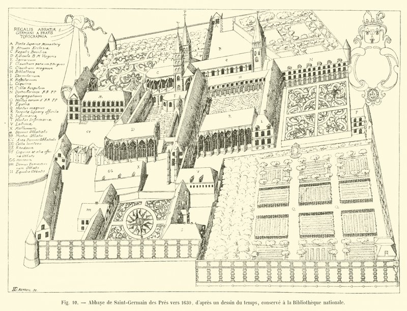 Saint-Germain des Pres-i apátság 1630 körül, egy korabeli rajzból, a Nemzeti Könyvtárban őrzik alkotó: French School