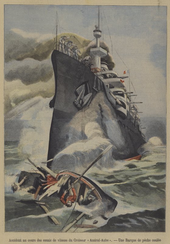 Véletlen elsüllyedt egy halászhajó az Admiral Aube francia páncélos cirkáló által a gyorsasági kísérletek során (színes litho) alkotó: French School