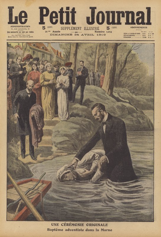 Adventista keresztség a Marne folyóban (színes litó) alkotó: French School