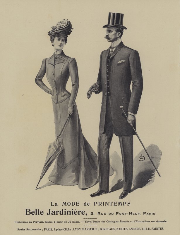 Tavaszi divat reklámja a párizsi Belle Jardiniere ruhaüzletből (litho) alkotó: French School