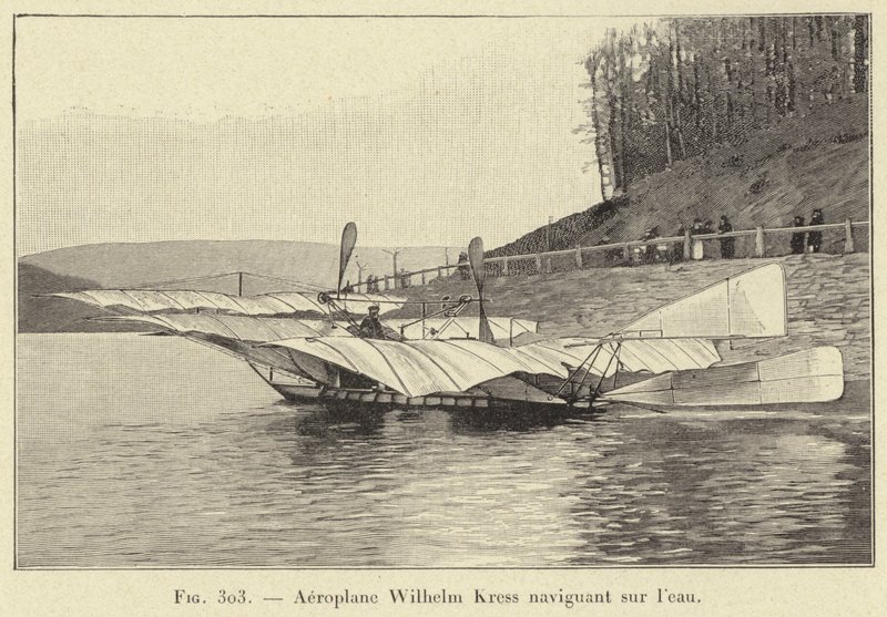 Vízen vitorlázó Wilhelm Kress repülőgép (metszet) alkotó: French School