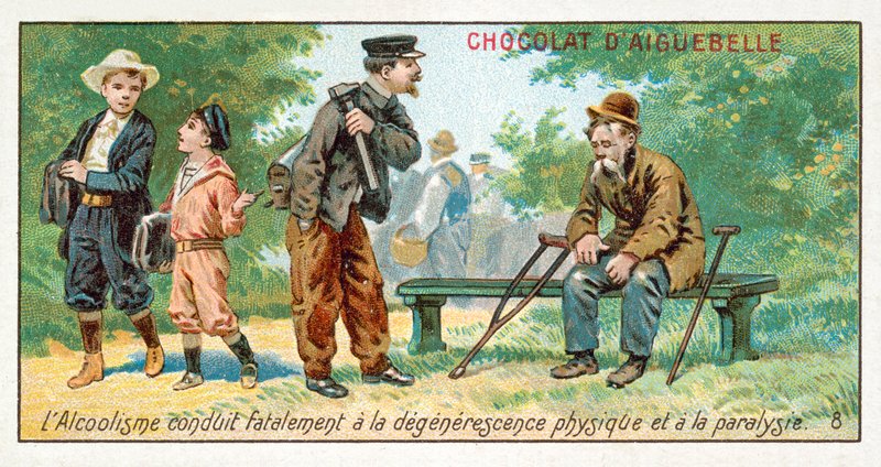 Az alkoholizmus elkerülhetetlenül fizikai degenerációhoz és bénuláshoz (chromolitho) vezet alkotó: French School