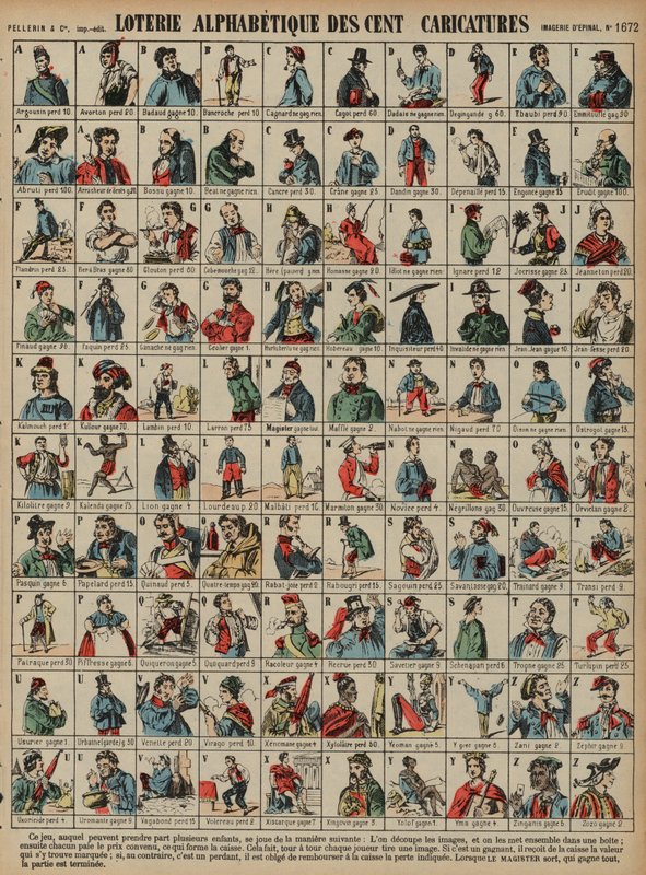 Száz karikatúrából álló alfabetikus lottó (színes metszet) alkotó: French School