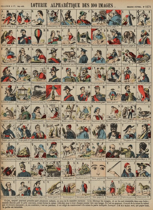 Száz képből álló alfabetikus lottó (színes metszet) alkotó: French School