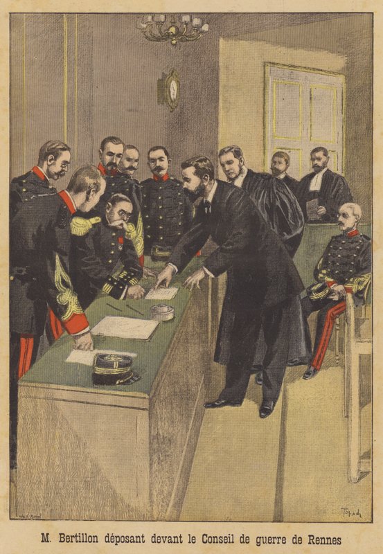 Alphonse Bertillon tanúskodik Alfred Dreyfus második hadbírósága előtt Rennes-ben alkotó: French School