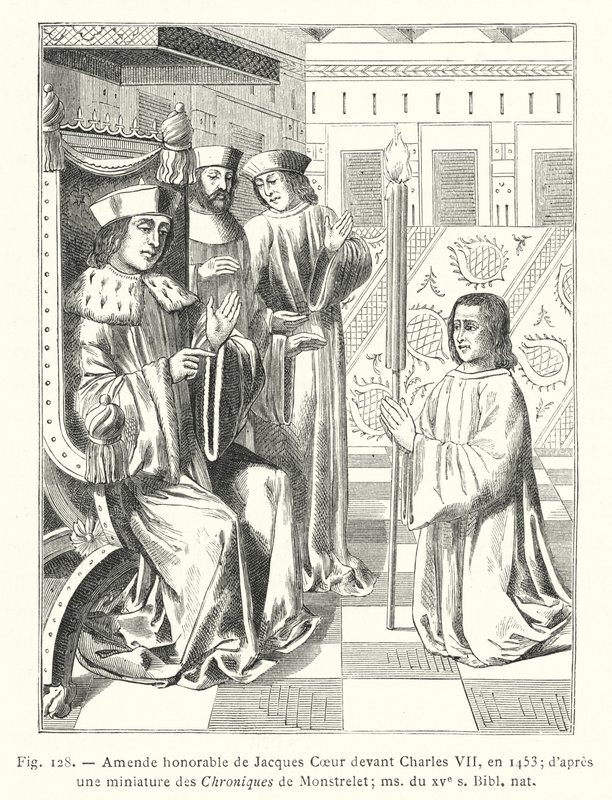 Jacques Coeur tiszteletreméltó módosításai VII. Károly előtt, 1453-ban; a Chroniques de Monstrelet miniatúrája után; ms a 15. század, Bibl nat (metszet) alkotó: French School