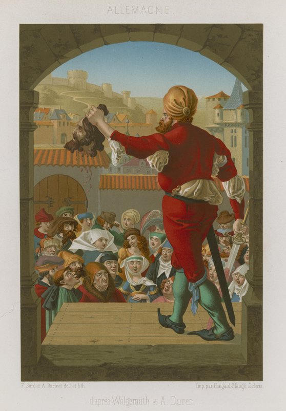 A hóhér feltartja a kivégzett fejét alkotó: French School