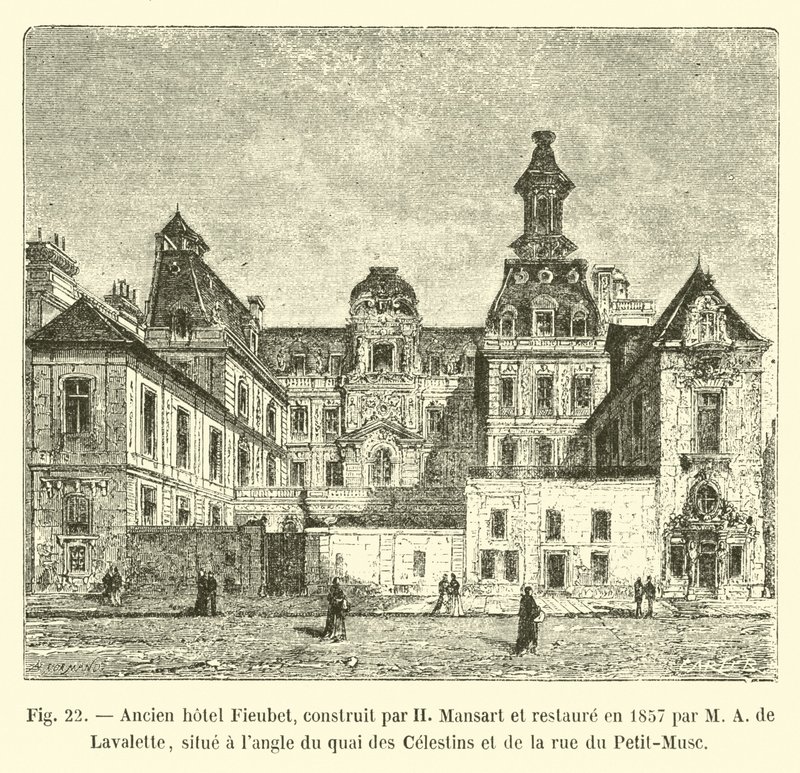 A Quai des Celestins és a Rue du Petit-Musc sarkán található egykori Fieubet szálloda, amelyet H Mansart épített és 1857-ben M A de Lavalette restaurált. alkotó: French School