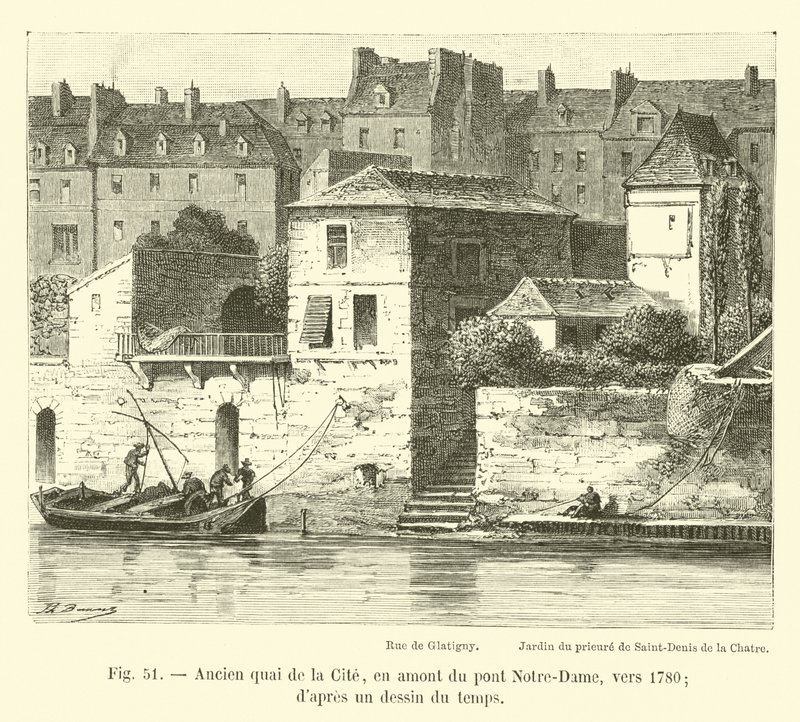 Egykori Quai de la Cite, a Notre-Dame hídtól felfelé, 1780 körül; egy korabeli rajzból alkotó: French School
