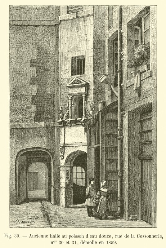 Az egykori édesvízi halpiac, rue de la Cossonnerie, 30. és 31., 1859-ben lerombolták alkotó: French School