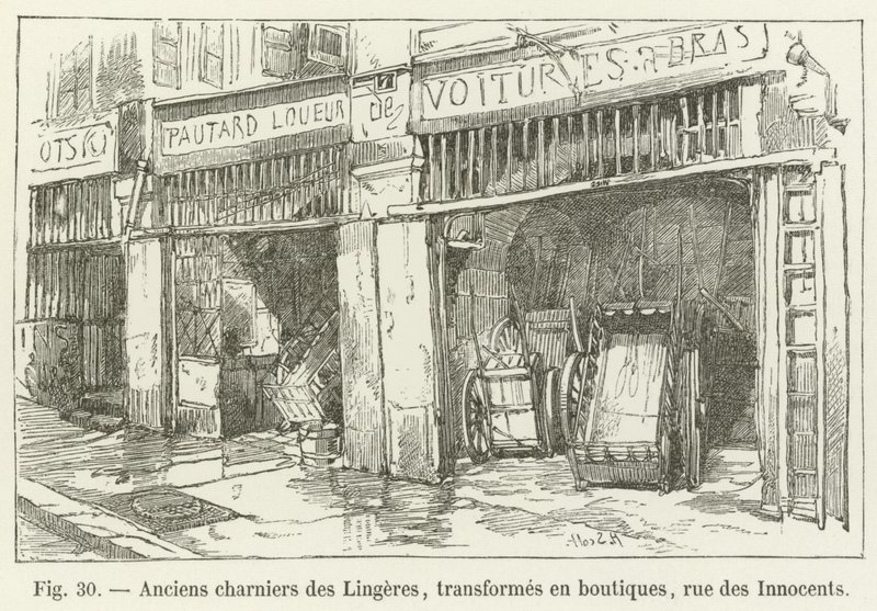 Egykori Lingeres tömegsír, üzletekké alakítva, a rue des Innocents alkotó: French School